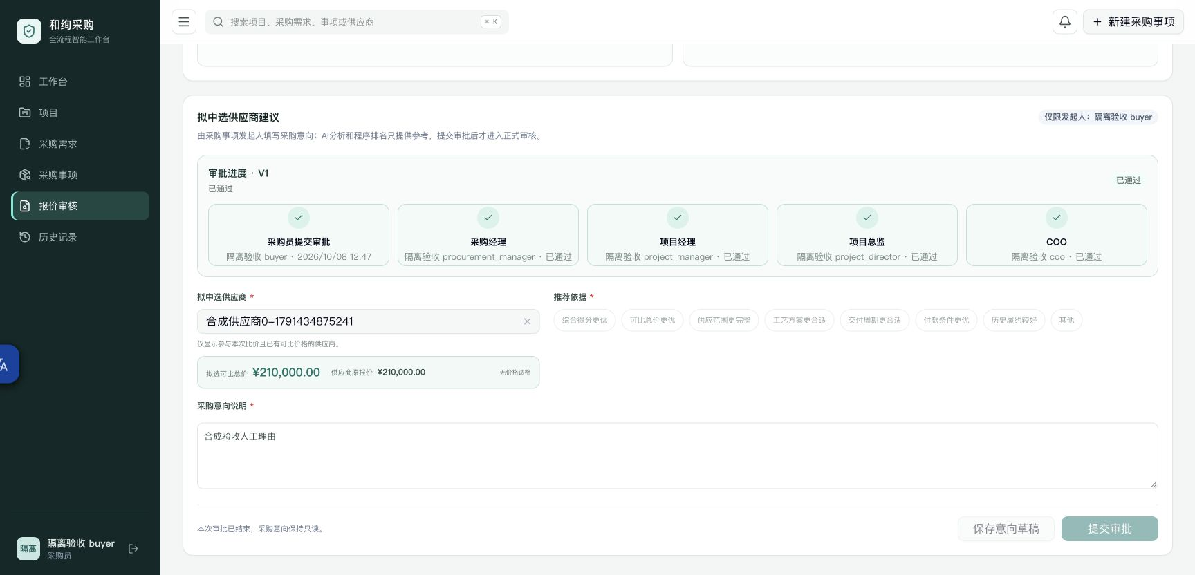 原项目部署验收画面：四级审批完成。图中为合成测试数据。